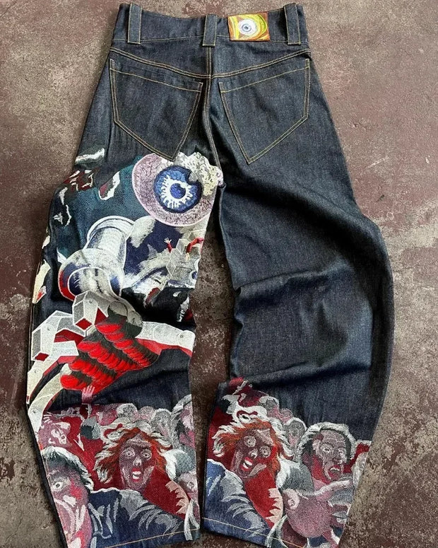 Hip Hop Rock Embroidery New Y2k Jeans Pattern Printed Loose Trousers for Men and Women Retro Harajuku Goth Ripped Wide Leg Pants