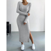 Mia Muse Women's Dresses Fall Winter Knitted Stripe Split U Neck Elastic Basic Bodycon Full Length Casual Maxi Long Dresses