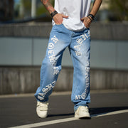 New Streetwear Men Fashion print Loose Jeans Trousers High Quality Men's Solid Casual Straight Denim Pants