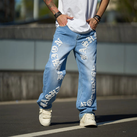 New Streetwear Men Fashion print Loose Jeans Trousers High Quality Men's Solid Casual Straight Denim Pants