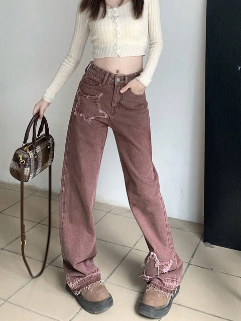 American Retro Ripped Wide Legs 2024 New Women's Autum Fashion Trendy Narrow Straight Pants