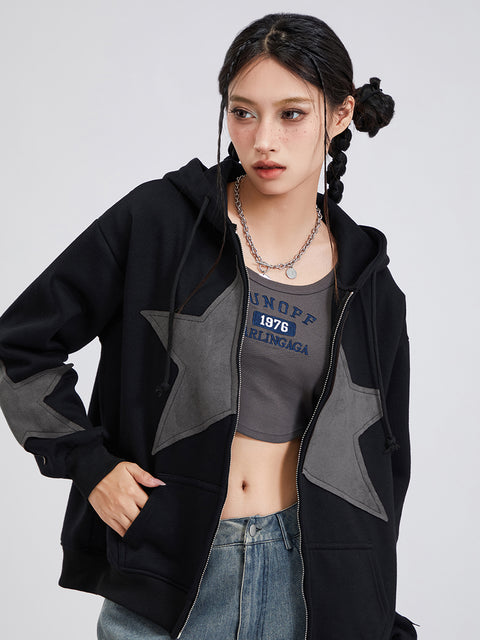 Winter Casual Hooded Coat Women Long Sleeve Star Print Zip Up Drawstring Hoodie Gothic Loose Outwear