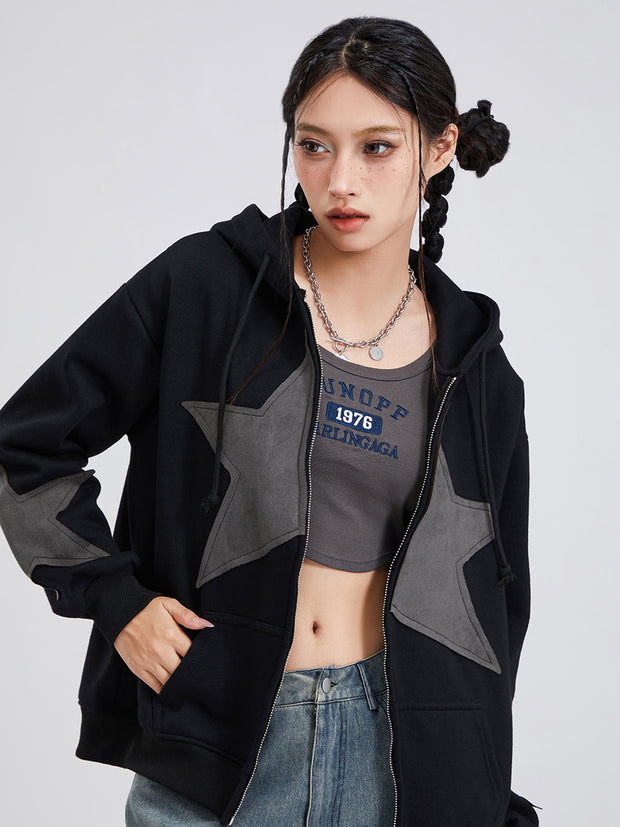 Winter Casual Hooded Coat Women Long Sleeve Star Print Zip Up Drawstring Hoodie Gothic Loose Outwear