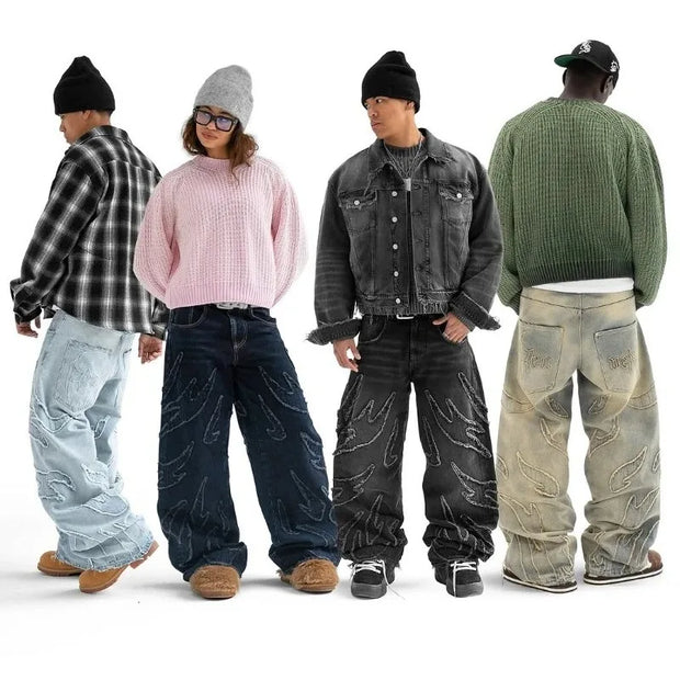 Y2K High Quality Vintage Jeans American Fashion Harajuku Flame Embroidery High Waist Wide Leg Jeans Men Women Hip Hop Streetwear