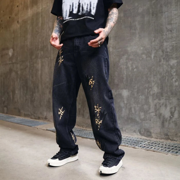 Trousers Straight Man Cowboy Pants with Print Men's Jeans Hip Hop Star Cotton 2025 Trend Stacked 90s Streetwear Y2k Vintage Kpop