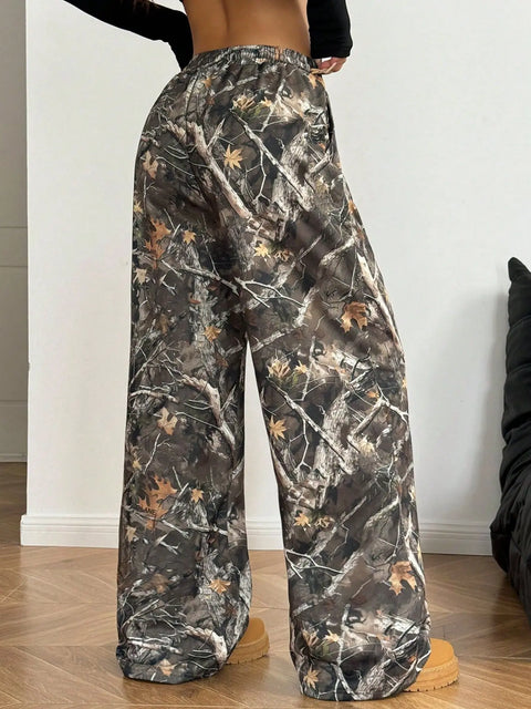 2025 Women's Fashion Casual Printed Slimming Wide Leg Pants Loose Drawstring Retro Printed Pocket Splicing Pants Ladies Trousers
