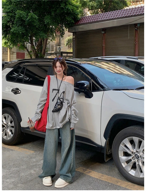 T-Shirts Women Off-shoulder Loose Fit Lazy Style All-match Young Students High Street Korean Fashion Spring Daily Tops Trendy