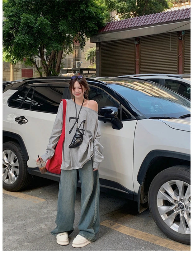 T-Shirts Women Off-shoulder Loose Fit Lazy Style All-match Young Students High Street Korean Fashion Spring Daily Tops Trendy