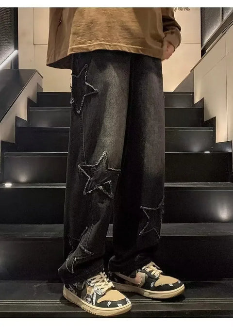 American High Street Style Men's Jeans Autumn Winter Straight Leg Loose Floor-Length Wide Leg Pants Casual Fashion