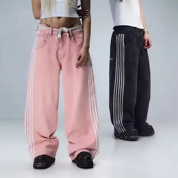American Harajuku Style Baggy Jeans Y2K Streetwear Striped Denim Pant Men Women Casual Wide Leg Trousers Trendy High Street Pant