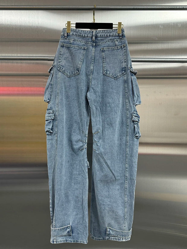 VGH Streetwear Loose Cargo Trousers for Women High Waist Spliced Pockets Washed Punk Style Wide Leg Pants Female Spring Clothes