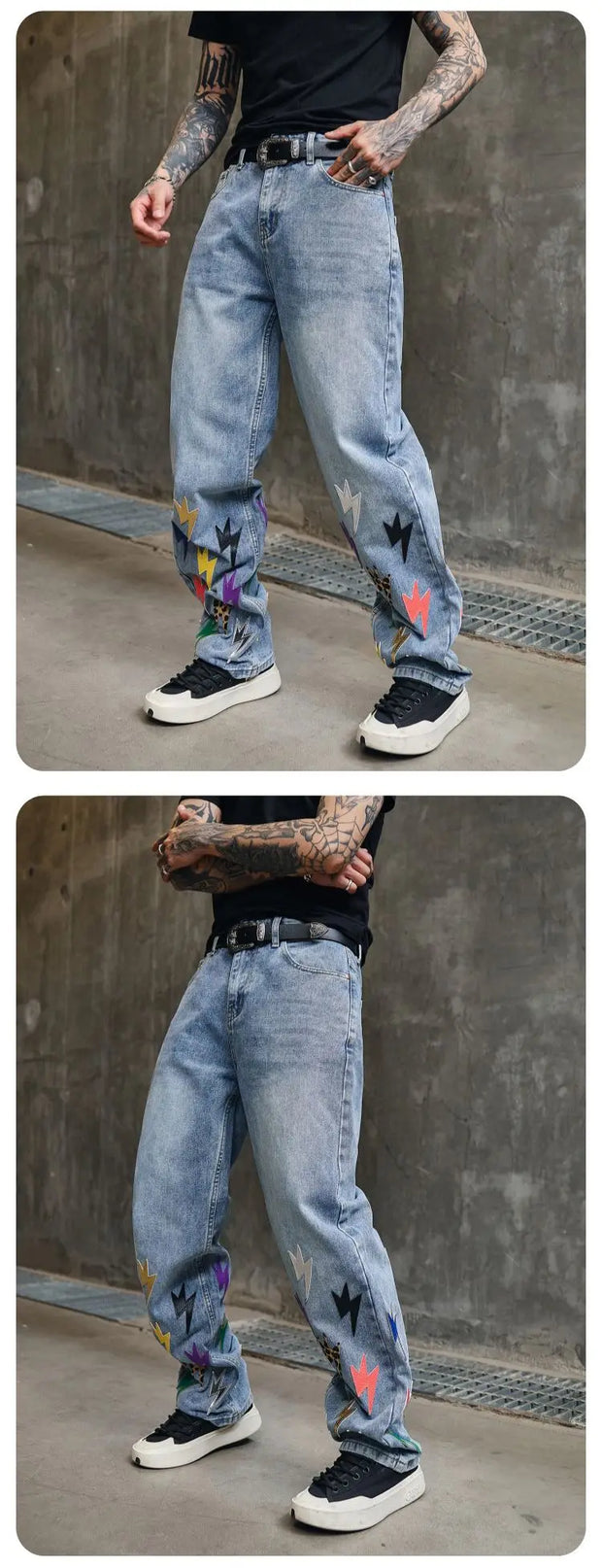 Trousers Straight Man Cowboy Pants with Print Men's Jeans Hip Hop Star Cotton 2025 Trend Stacked 90s Streetwear Y2k Vintage Kpop