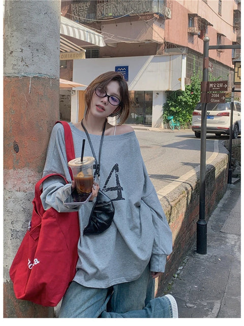 T-Shirts Women Off-shoulder Loose Fit Lazy Style All-match Young Students High Street Korean Fashion Spring Daily Tops Trendy