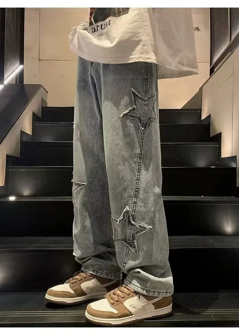 American High Street Style Men's Jeans Autumn Winter Straight Leg Loose Floor-Length Wide Leg Pants Casual Fashion