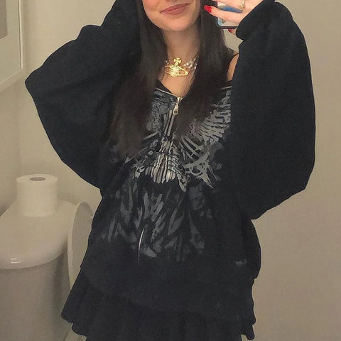 Y2K Rhinestone Cobweb Zip Up Oversized Sweatshirt 2022 Autumn Goth Hoodie Men Women Grunge Hooded Jacket Streetwear Y2K Clothing