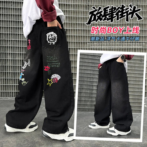 Boys Black Print Jeans Spring/Autumn Kids Wide Leg Pants Washed Denim Straight Pants Teen Children Pants 6 8 10 12 14 Years Old