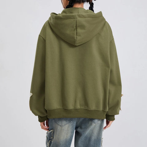 Winter Casual Hooded Coat Women Long Sleeve Star Print Zip Up Drawstring Hoodie Gothic Loose Outwear
