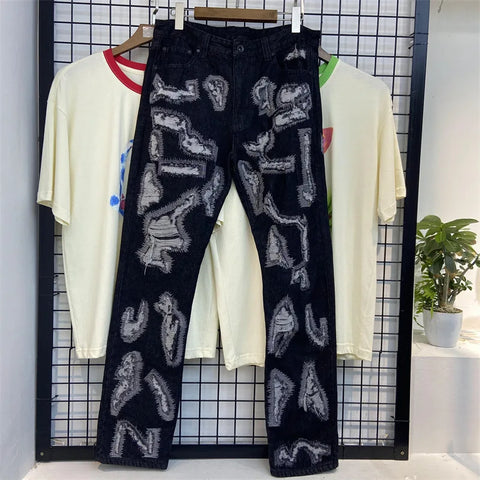 Letter Embroidery Jeans for Men High Street Gothic Style Streetwear Men Straight Baggy Causal Denim Trousers Unisex Spring