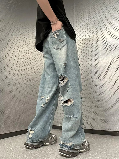 Vintage Distressed Straight-leg Jeans American Style Slimming Bell Bottoms Loose Fit High-waisted Summer Thin Version For Men