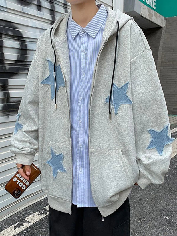 Y2k Hip Hop Women's Star Patch Zip Up Hoodie for Women Oversized Sweatshirt Jacket E-Girl 90s Pullover Gothic Streetwear