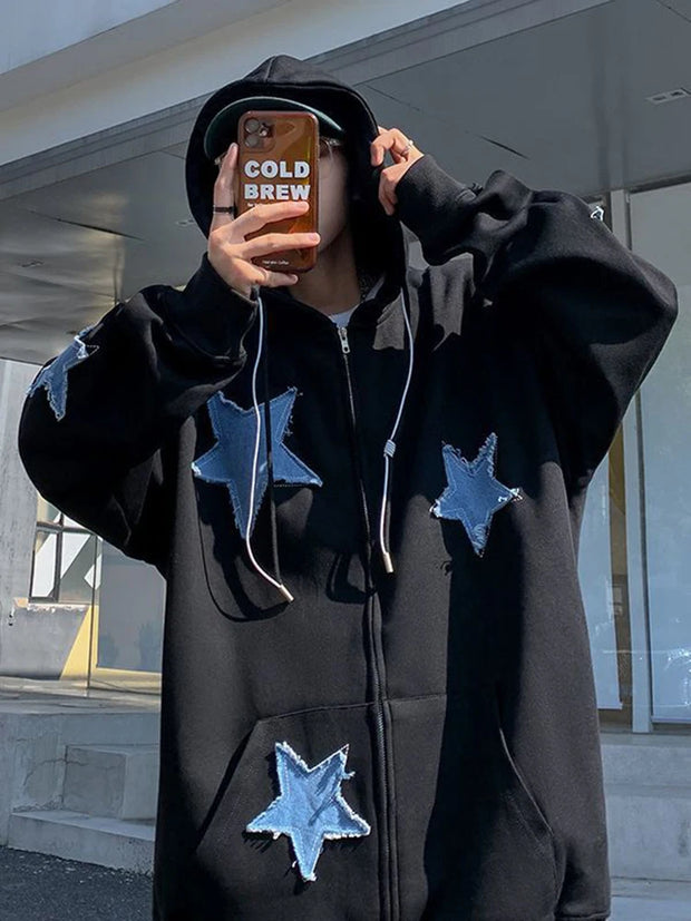 Y2k Hip Hop Women's Star Patch Zip Up Hoodie for Women Oversized Sweatshirt Jacket E-Girl 90s Pullover Gothic Streetwear