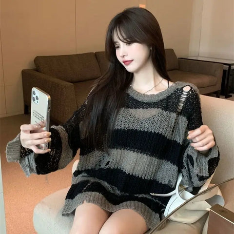 Korean Loose Hole Hollow Out Sweaters Spring Autumn Women's Clothing New Fashionable Trend Long Sleeve Striped Knitted Pullover