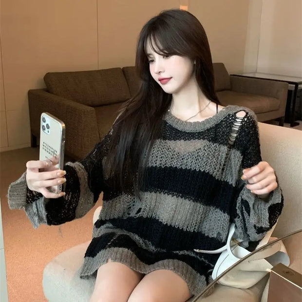 Korean Loose Hole Hollow Out Sweaters Spring Autumn Women's Clothing New Fashionable Trend Long Sleeve Striped Knitted Pullover