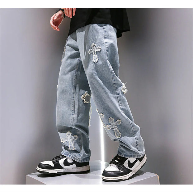 High Street Jeans Men Cross Graphic Baggy Denim Pants Unisex Young Streetwear Blue Loose Punk Casual Fashion Y2k Trousers Summer