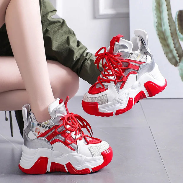 Pink Platform Sneakers Women Thick Sole Korean Chunky Sneakers 2025 Fashion Dad Shoes Woman Spring Height Increasing Sneakers