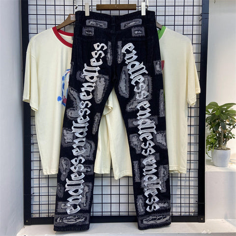 Letter Embroidery Jeans for Men High Street Gothic Style Streetwear Men Straight Baggy Causal Denim Trousers Unisex Spring