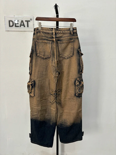 DEAT Fashion Gradient Multiple Pockets Design Jeans Women's Single Button High Waist Denim Pants 2025 Spring Female New 11XX4925