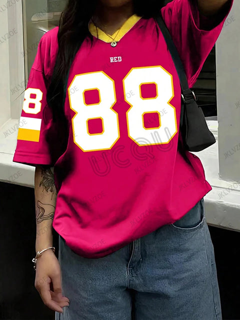 Oversized T-shirt For Women V-Neck Short Sleeve 2025 Summer Black 88 Print Streetwear Sports Tees Casual Football Jersey Y2k Top