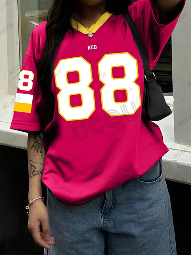 Oversized T-shirt For Women V-Neck Short Sleeve 2025 Summer Black 88 Print Streetwear Sports Tees Casual Football Jersey Y2k Top