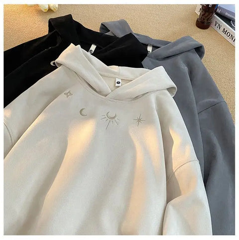 Men's hooded sweatshirt, oversized baggy sweater with Gothic star logo, American hip hop fashion sweatshirt, gray, winter