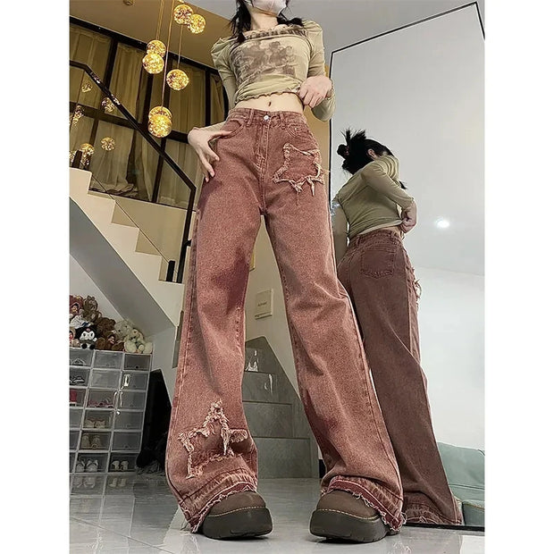 Women Jeans Pants 2025 Summer Y2K Girl Pants Women Loose Straight Elastic Waist Wide Leg Spliced Women Trousers Casual Soft Pant