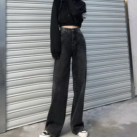 2024 New American Harajuku Vintage Print Jeans Y2K Women Washed Gray Straight Pants Street Gothic Loose Unisex Trousers Tide