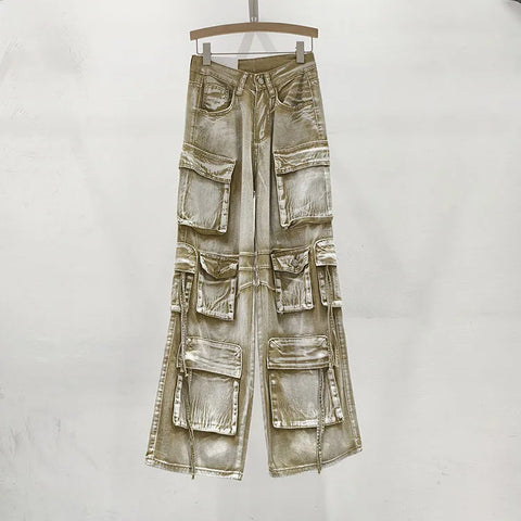 Pink Multi Pocket Overalls Jeans Female Y2K Punk Hip Hop Gothic Loose Fashion Jeans 2024 Autumn New American Retro High Street