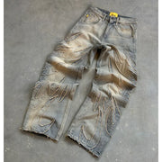 Y2K High Quality Vintage Jeans American Fashion Harajuku Flame Embroidery High Waist Wide Leg Jeans Men Women Hip Hop Streetwear