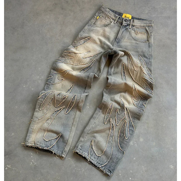 Y2K High Quality Vintage Jeans American Fashion Harajuku Flame Embroidery High Waist Wide Leg Jeans Men Women Hip Hop Streetwear