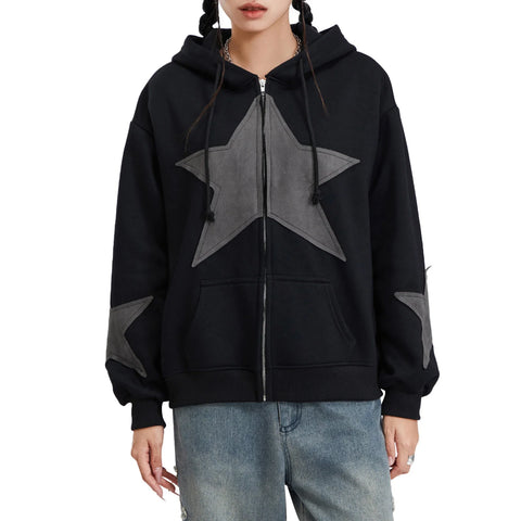 Winter Casual Hooded Coat Women Long Sleeve Star Print Zip Up Drawstring Hoodie Gothic Loose Outwear