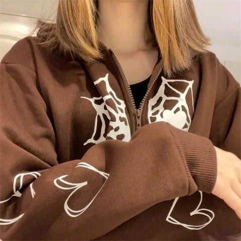 Y2K Rhinestone Cobweb Zip Up Oversized Sweatshirt 2022 Autumn Goth Hoodie Men Women Grunge Hooded Jacket Streetwear Y2K Clothing