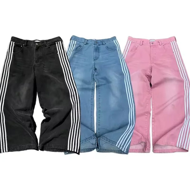 American Harajuku Style Baggy Jeans Y2K Streetwear Striped Denim Pant Men Women Casual Wide Leg Trousers Trendy High Street Pant