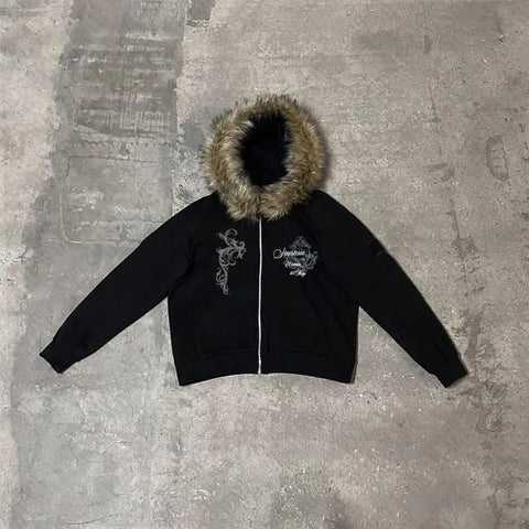 Dark Faux Fur Collar Harajuku Punk Y2K Zip up hoodie High street Skull Zipper Hoodie sweatshirt Retro Hip Hop Top Gothic Jacket
