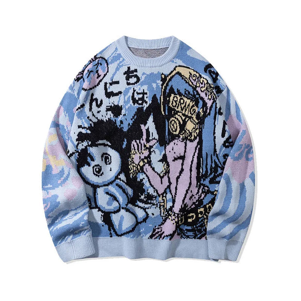 Men's China-Chic Vintage Funny Cartoon Autumn and Winter 2024 Loose Versatile Couple Round Neck Long Sleeve Knitted Sweater