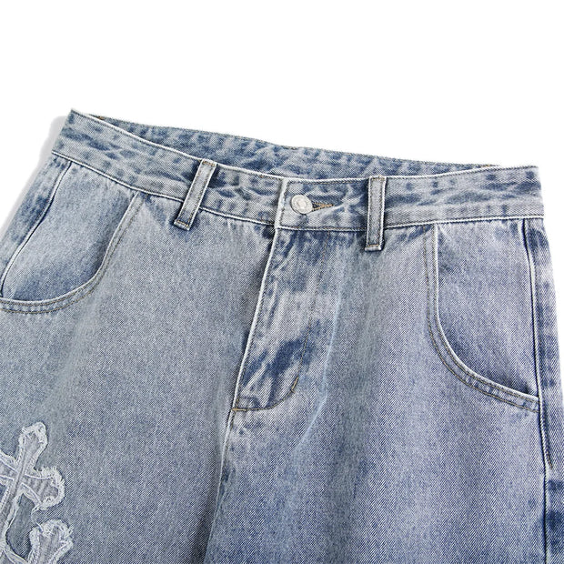 High Street Jeans Men Cross Graphic Baggy Denim Pants Unisex Young Streetwear Blue Loose Punk Casual Fashion Y2k Trousers Summer