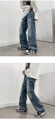 Jeans for Men Patchwork Letter Hip Hop Straight Wide Leg Fashion High Street Y2k Harajuku Do-old Popular Shopper Gradient Baggy