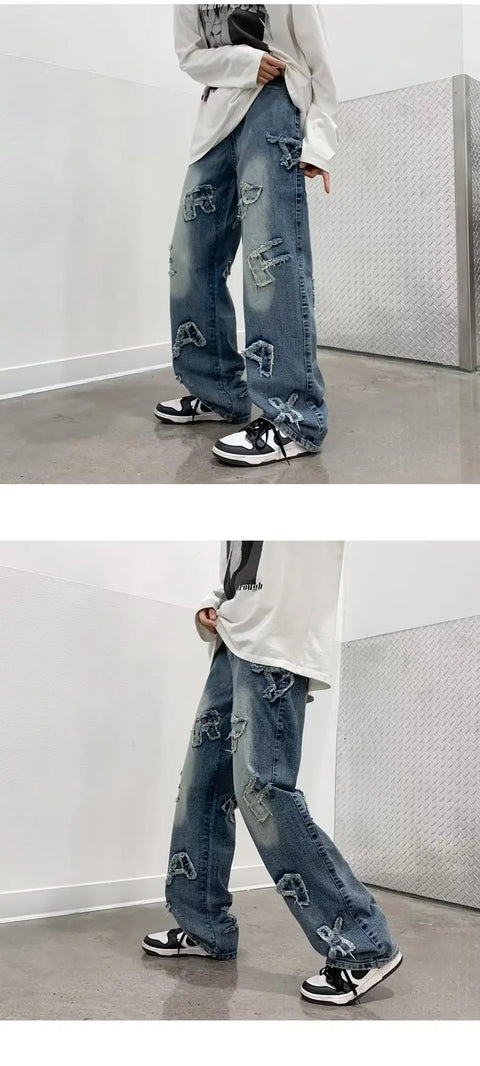 Jeans for Men Patchwork Letter Hip Hop Straight Wide Leg Fashion High Street Y2k Harajuku Do-old Popular Shopper Gradient Baggy