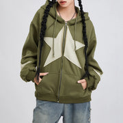 Winter Casual Hooded Coat Women Long Sleeve Star Print Zip Up Drawstring Hoodie Gothic Loose Outwear
