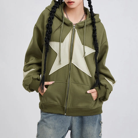 Winter Casual Hooded Coat Women Long Sleeve Star Print Zip Up Drawstring Hoodie Gothic Loose Outwear