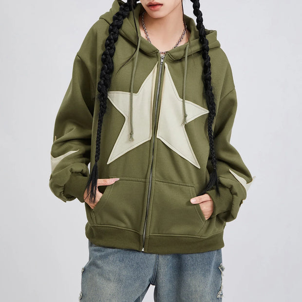 Winter Casual Hooded Coat Women Long Sleeve Star Print Zip Up Drawstring Hoodie Gothic Loose Outwear